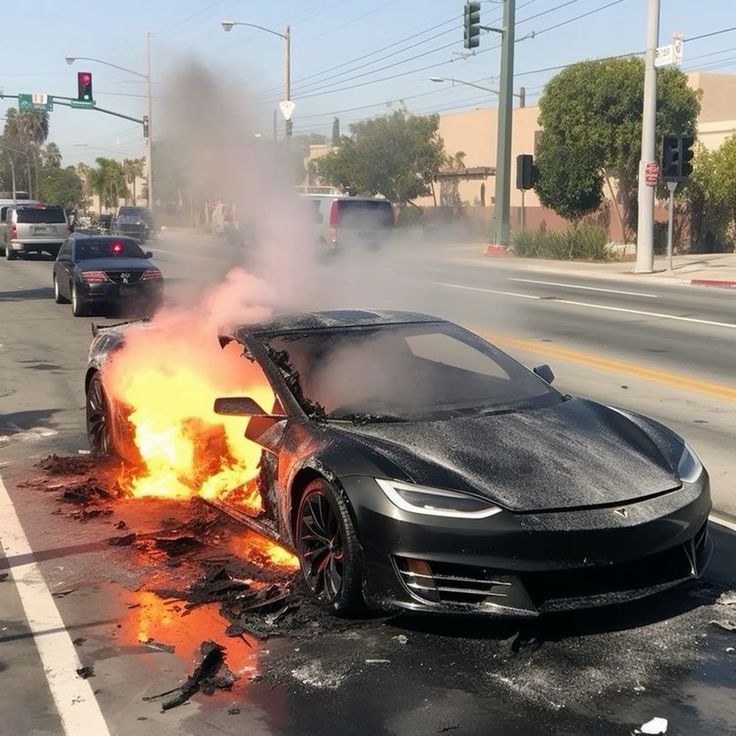 A person near a burning car